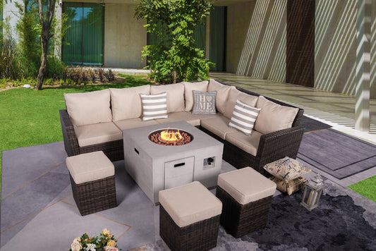 8-Piece Brown Wicker Patio Fire Pit Sofa Set Conversation Furniture Set