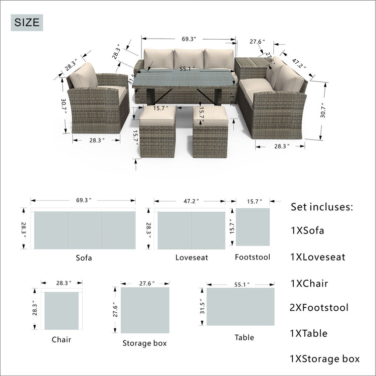 7-Piece Gray Wicker Patio Fire Pit Sofa Set Sectional Conversation Furniture Set | PAS-1403B