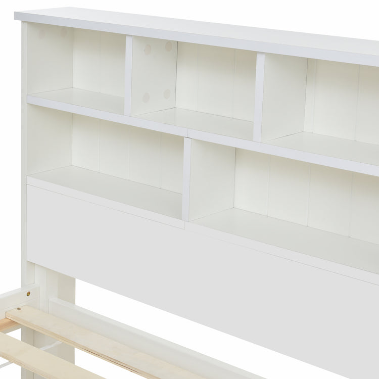 Bed with Shelves, White Wooden Storage Bed, Underbed Drawer - 4ft6 Double (135 x 190 cm)