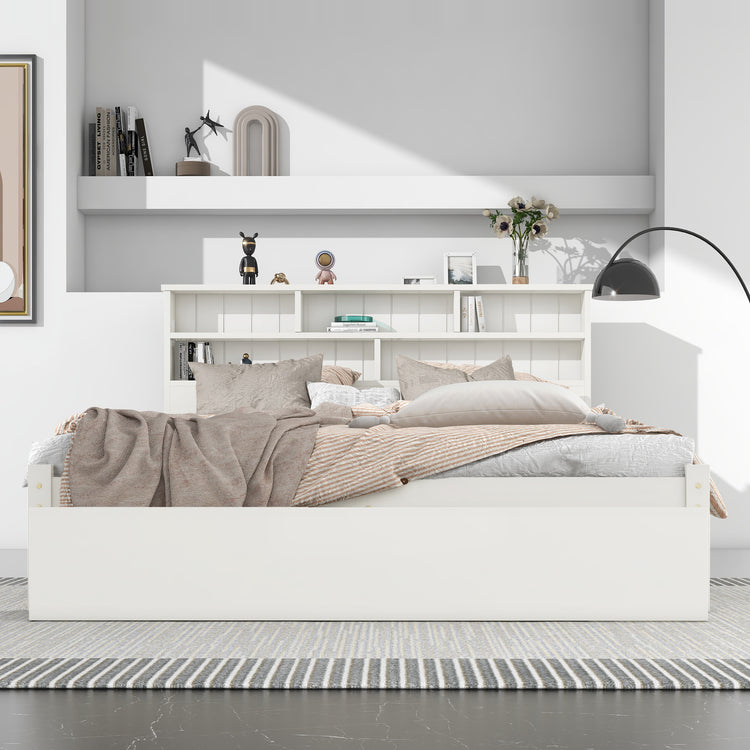 Bed with Shelves, White Wooden Storage Bed, Underbed Drawer - 4ft6 Double (135 x 190 cm)