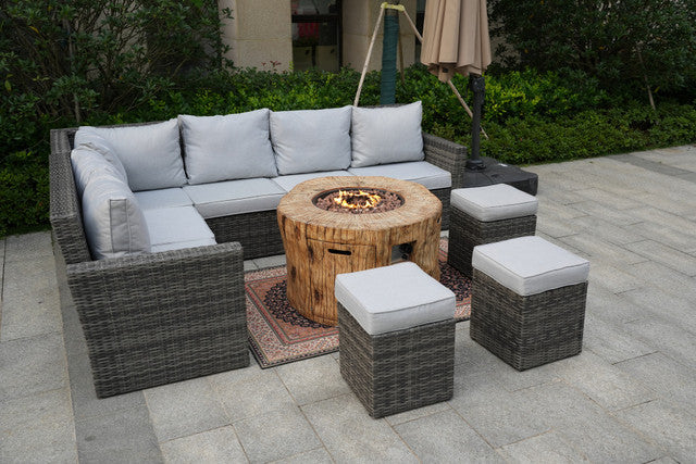 8-Piece Gray Wicker Patio Fire Pit Sofa Set Conversation Furniture Set
