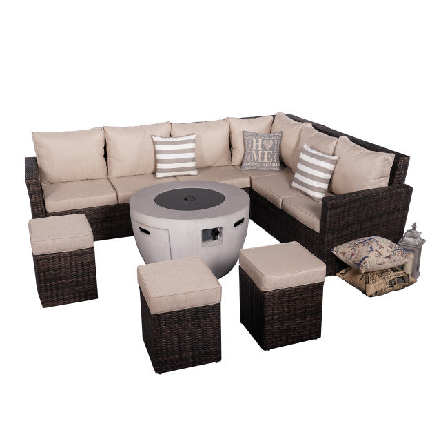 8-Piece Brown Wicker Patio Fire Pit Sofa Set Conversation Furniture Set