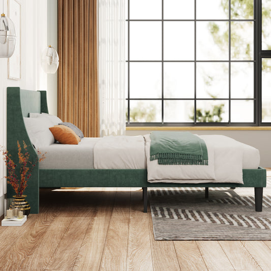 Single Bed Velvet Dark Green 3FT Upholstered Bed with Winged Headboard, Wood Slat Support