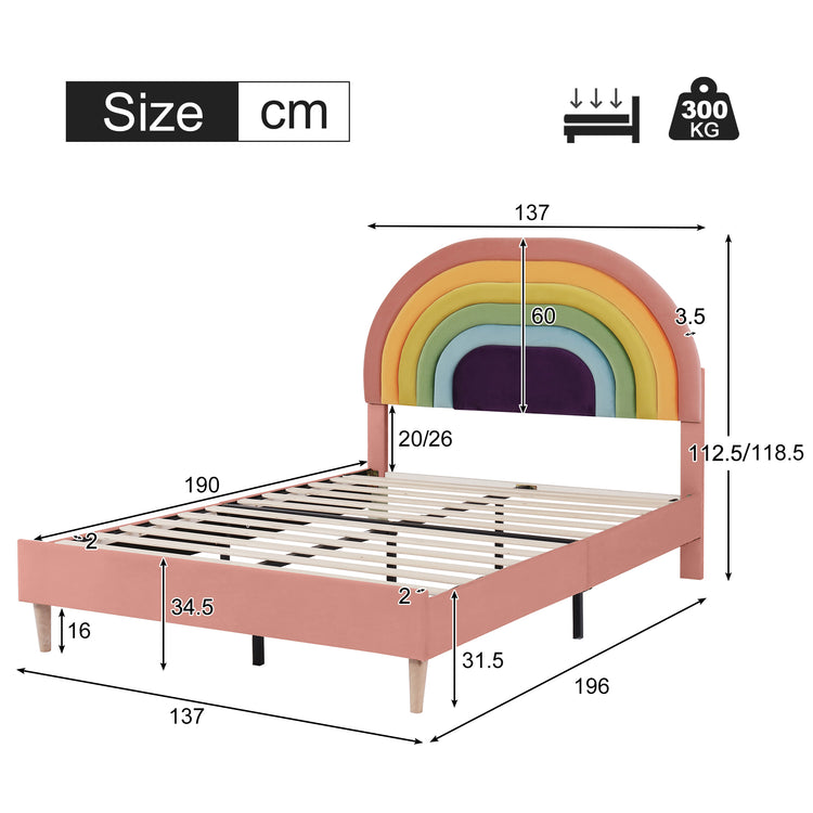 Upholstered bed 135*190, with slatted frame and headboard, youth bed, for adults & teenagers, wooden slat support, easy assembly, height-adjustable headboard, velvet, pink