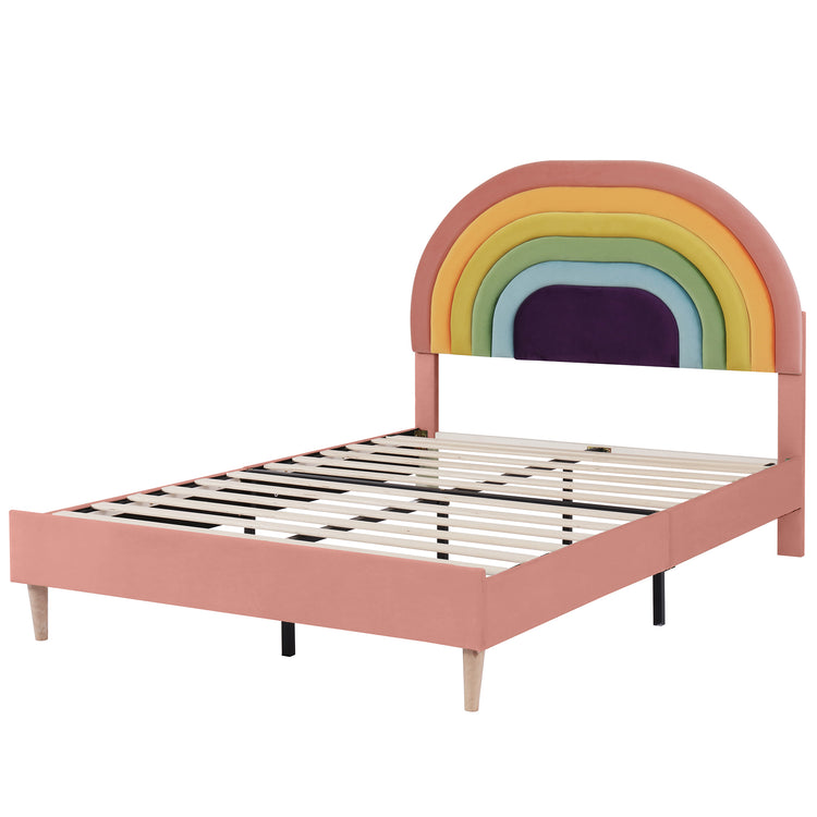Upholstered bed 135*190, with slatted frame and headboard, youth bed, for adults & teenagers, wooden slat support, easy assembly, height-adjustable headboard, velvet, pink