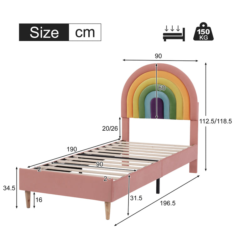 Upholstered bed 90*190, with slatted frame and headboard, youth bed, for adults & teenagers, wooden slat support, easy assembly, height-adjustable headboard, velvet, pink