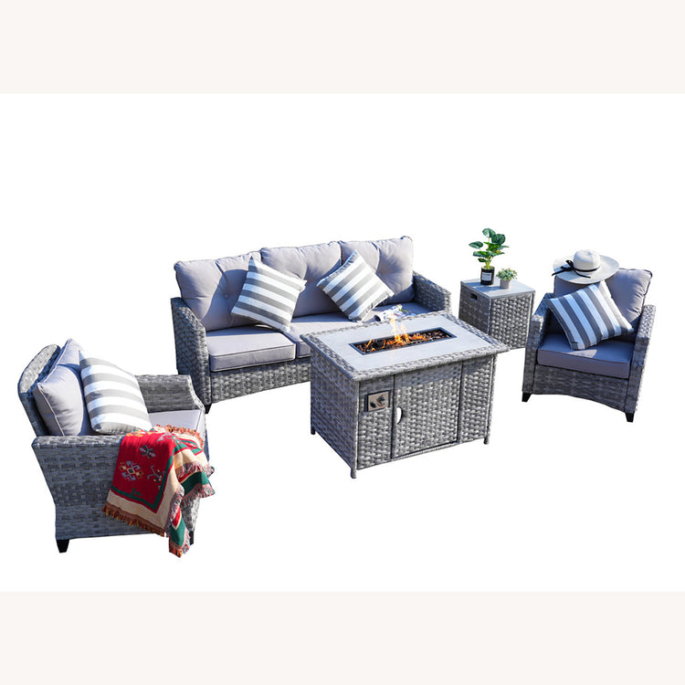 5-Piece Wicker Outdoor Patio Fire Pit Seating Sofa Set with Gray Cushions | PAF-1802-H