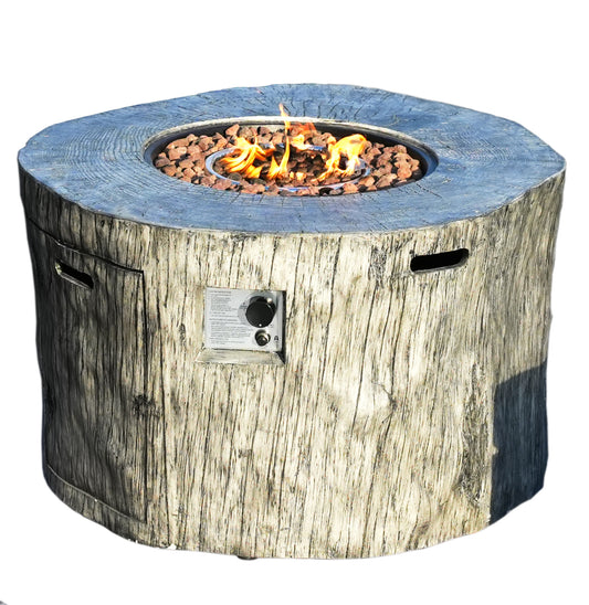 Patio Stainless Steel Gray Wood Grain Round Fire Pit Table with Rain Cover
