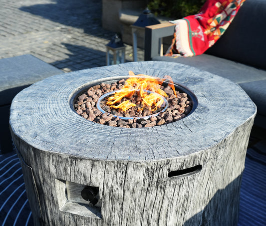 Patio Stainless Steel Gray Wood Grain Round Fire Pit Table with Rain Cover