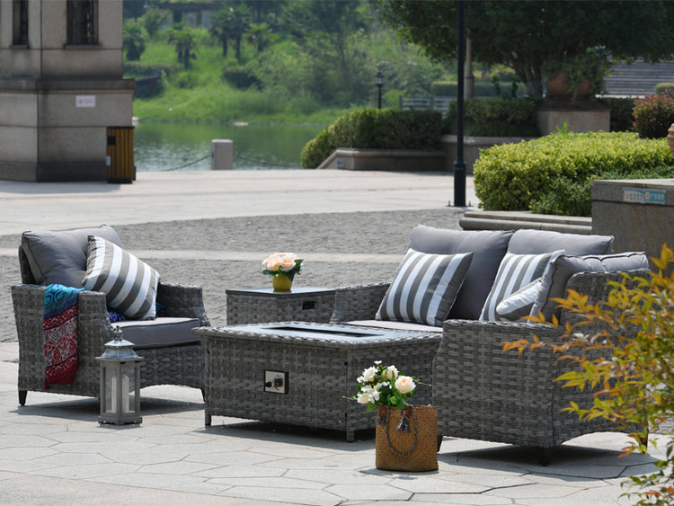 5-Piece Patio Fire Pit Conversation Set Gray Wicker Sectional Sofa | PAF-1801-S