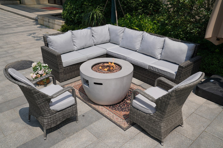 Direct Wicker New Gray Wicker Patio Conversational Sofa Set with Round Firepit