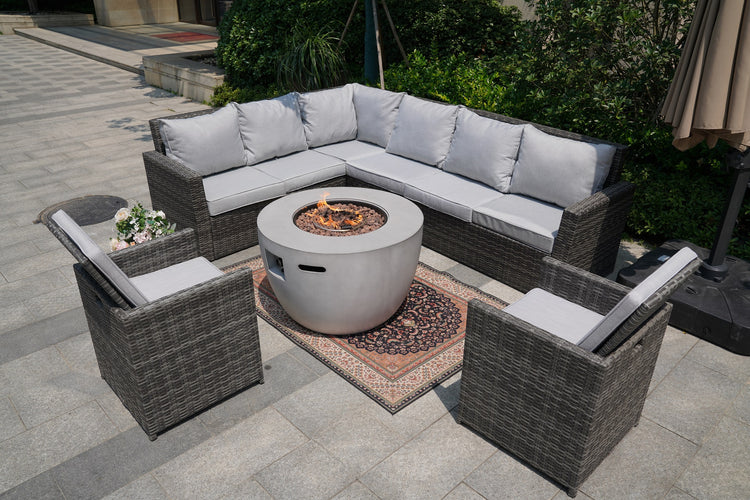 Direct Wicker New Gray Wicker Patio Conversational Sofa Set with Round Firepit