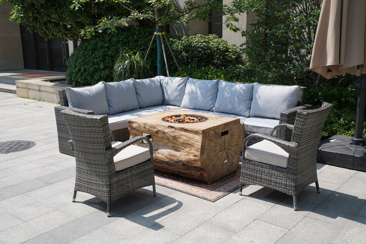 Direct Wicker New Gray Wicker Patio Conversational Sofa Set with Rectangle Grain Firepit