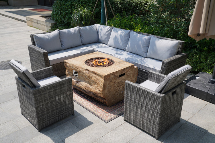 Direct Wicker New Gray Wicker Patio Conversational Sofa Set with Rectangle Grain Firepit