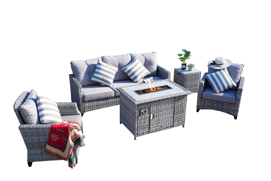 5-Piece Wicker Outdoor Patio Fire Pit Seating Sofa Set with Gray Cushions | PAF-1802-H