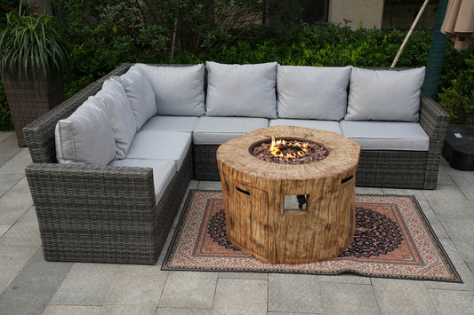 Direct Wicker New Gray Wicker Patio Conversational Sofa Set with Round Grain Firepit