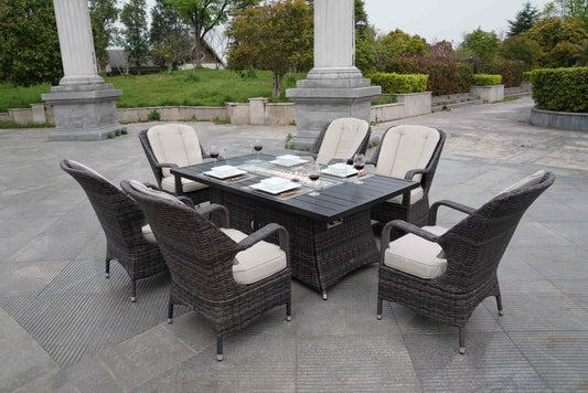 Brown Wicker and Aluminum Patio Dining Sets with Fire Pit Table | PAG-1106R-BR