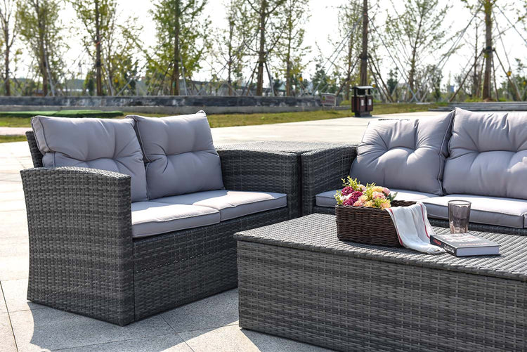 6-Piece Gray Wicker Patio Conversational Sofa Set with Cushions and Storage Box| PAS-1503GR