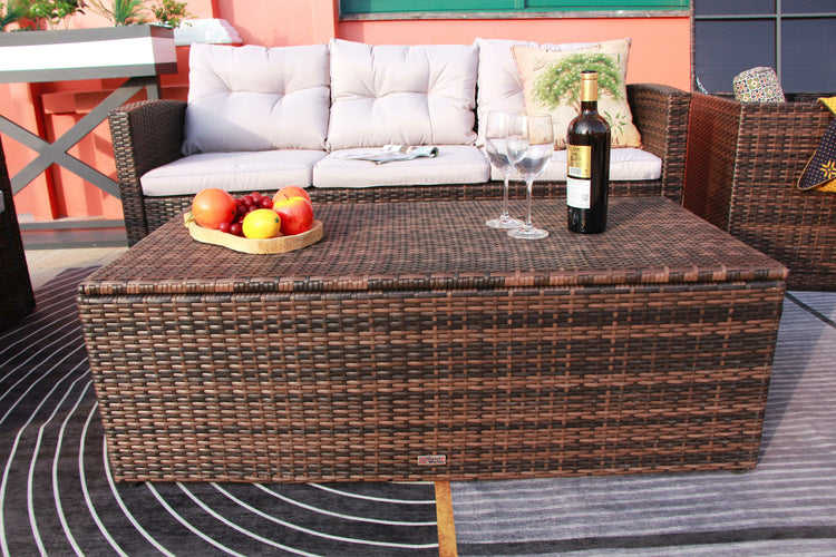 6-Piece Brown Wicker Patio Conversational Sofa Set with Cushions and Storage Box |PAS-1503BR