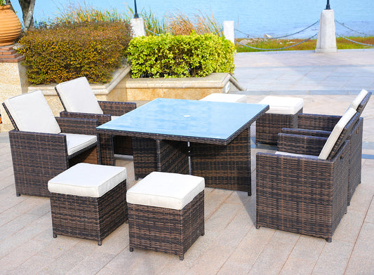 9 Pieces Brown Wicker Patio Dining Set with Beige Cushions | PAD-3233B