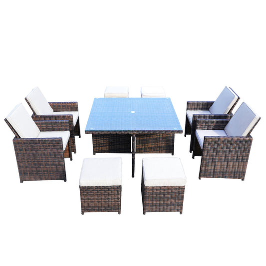 9 Pieces Brown Wicker Patio Dining Set with Beige Cushions | PAD-3233B