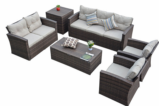 6-Piece Brown Wicker Patio Conversational Sofa Set with Cushions and Storage Box |PAS-1503BR